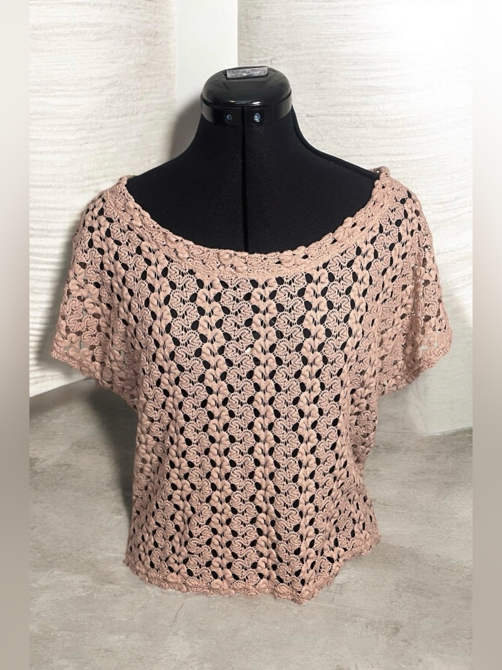 Charlotte Russe Beige Tan Blush Crochet Short-Sleeve lace crochet Knit Top